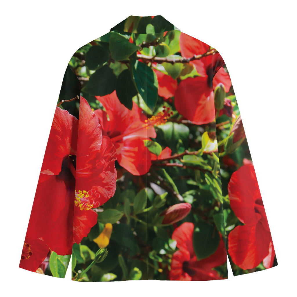 Red Hibiscus Flowers Print Men's Blazer