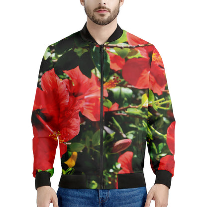 Red Hibiscus Flowers Print Men's Bomber Jacket