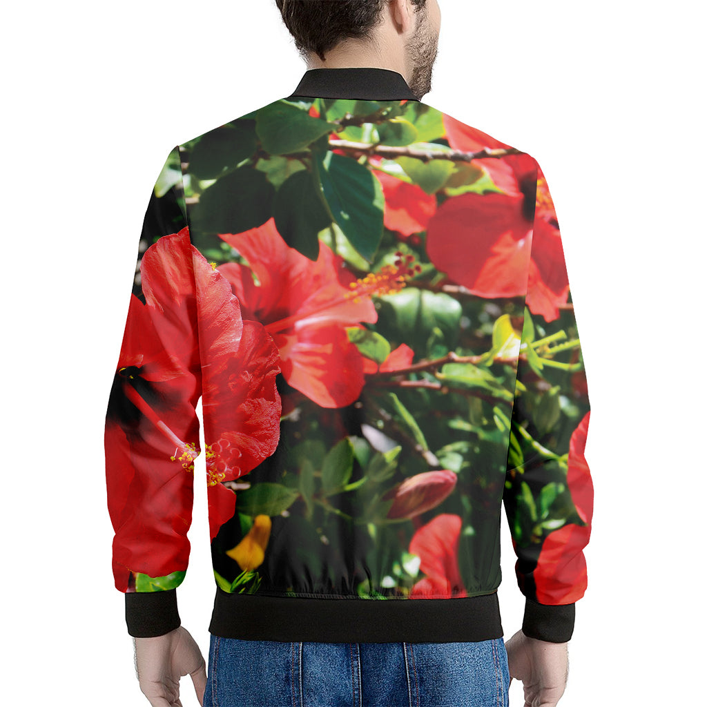 Red Hibiscus Flowers Print Men's Bomber Jacket