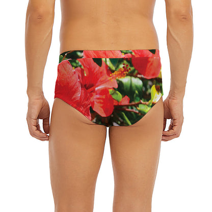 Red Hibiscus Flowers Print Men's Briefs