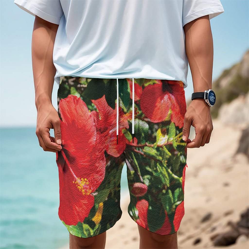 Red Hibiscus Flowers Print Men's Cargo Shorts