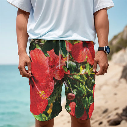 Red Hibiscus Flowers Print Men's Cargo Shorts