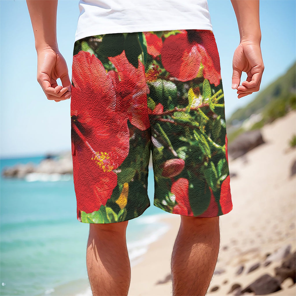 Red Hibiscus Flowers Print Men's Cargo Shorts
