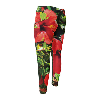 Red Hibiscus Flowers Print Men's Compression Pants