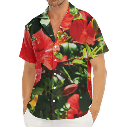 Red Hibiscus Flowers Print Men's Deep V-Neck Shirt