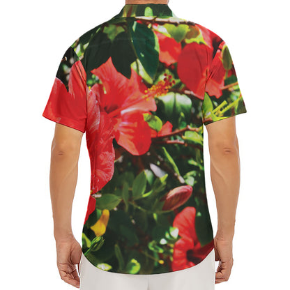 Red Hibiscus Flowers Print Men's Deep V-Neck Shirt
