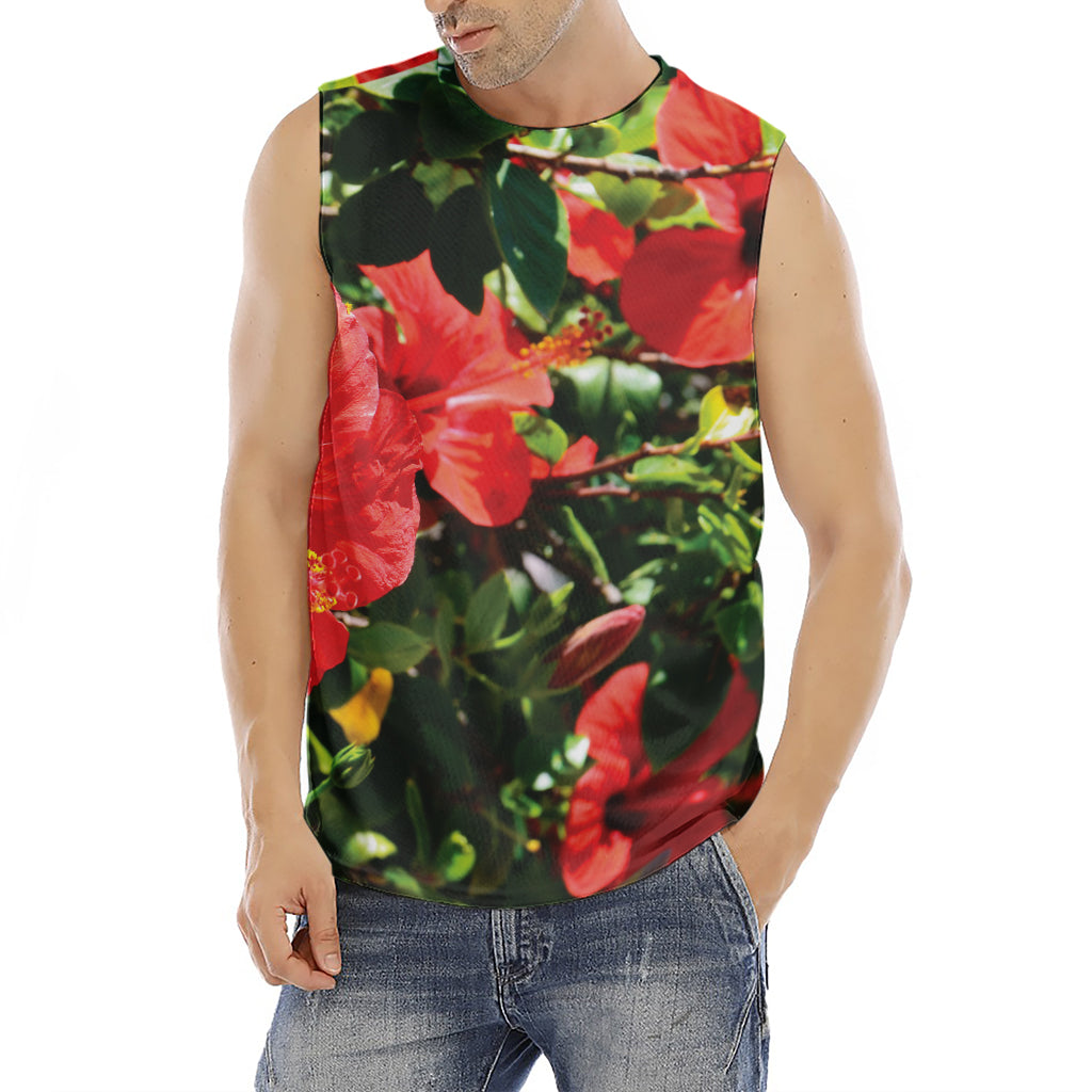 Red Hibiscus Flowers Print Men's Fitness Tank Top