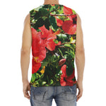 Red Hibiscus Flowers Print Men's Fitness Tank Top