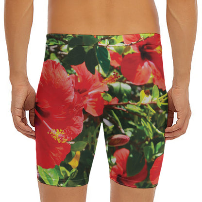 Red Hibiscus Flowers Print Men's Long Boxer Briefs