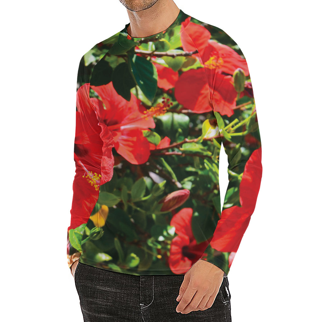 Red Hibiscus Flowers Print Men's Long Sleeve Rash Guard
