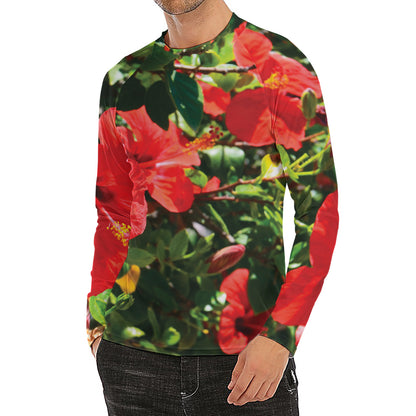 Red Hibiscus Flowers Print Men's Long Sleeve Rash Guard