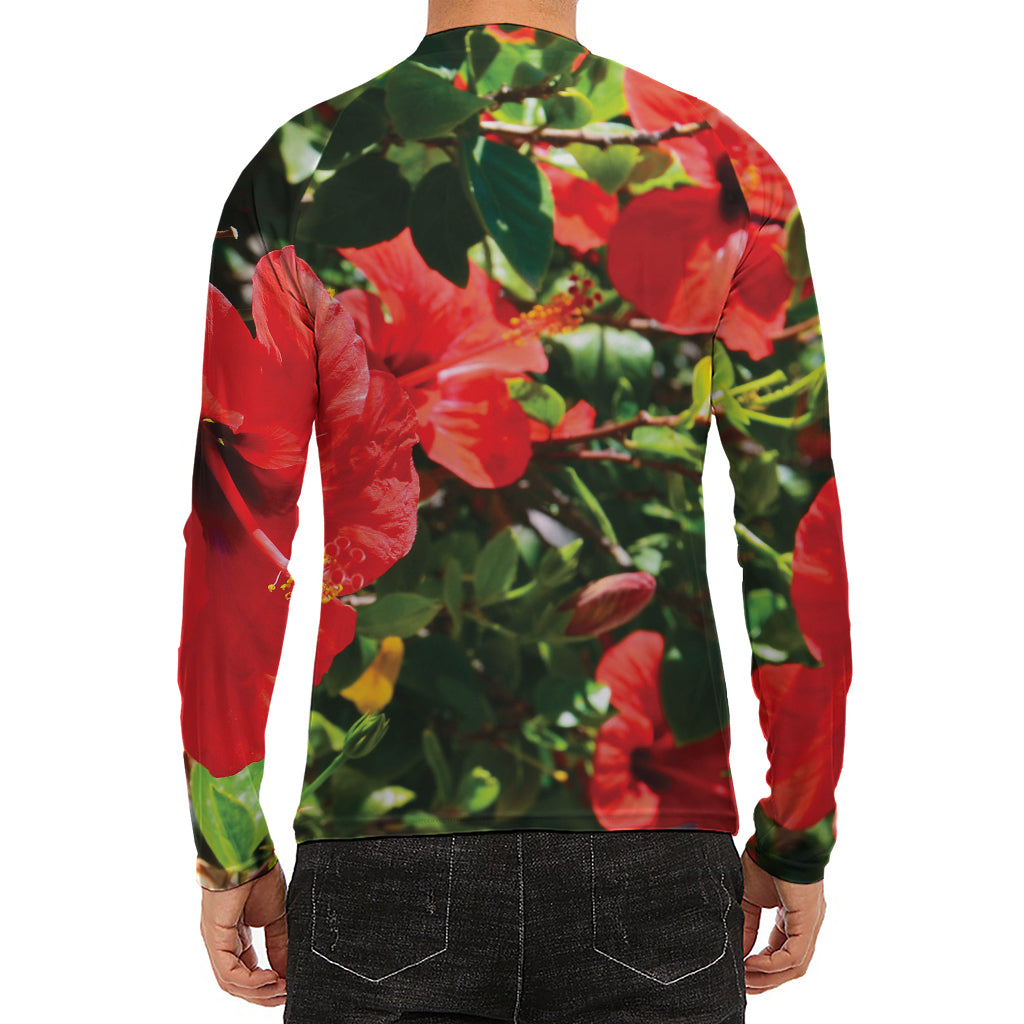 Red Hibiscus Flowers Print Men's Long Sleeve Rash Guard