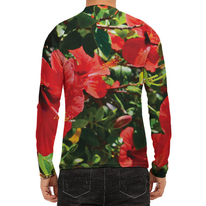 Red Hibiscus Flowers Print Men's Long Sleeve Rash Guard