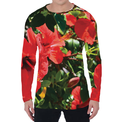 Red Hibiscus Flowers Print Men's Long Sleeve T-Shirt