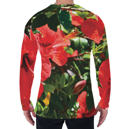 Red Hibiscus Flowers Print Men's Long Sleeve T-Shirt