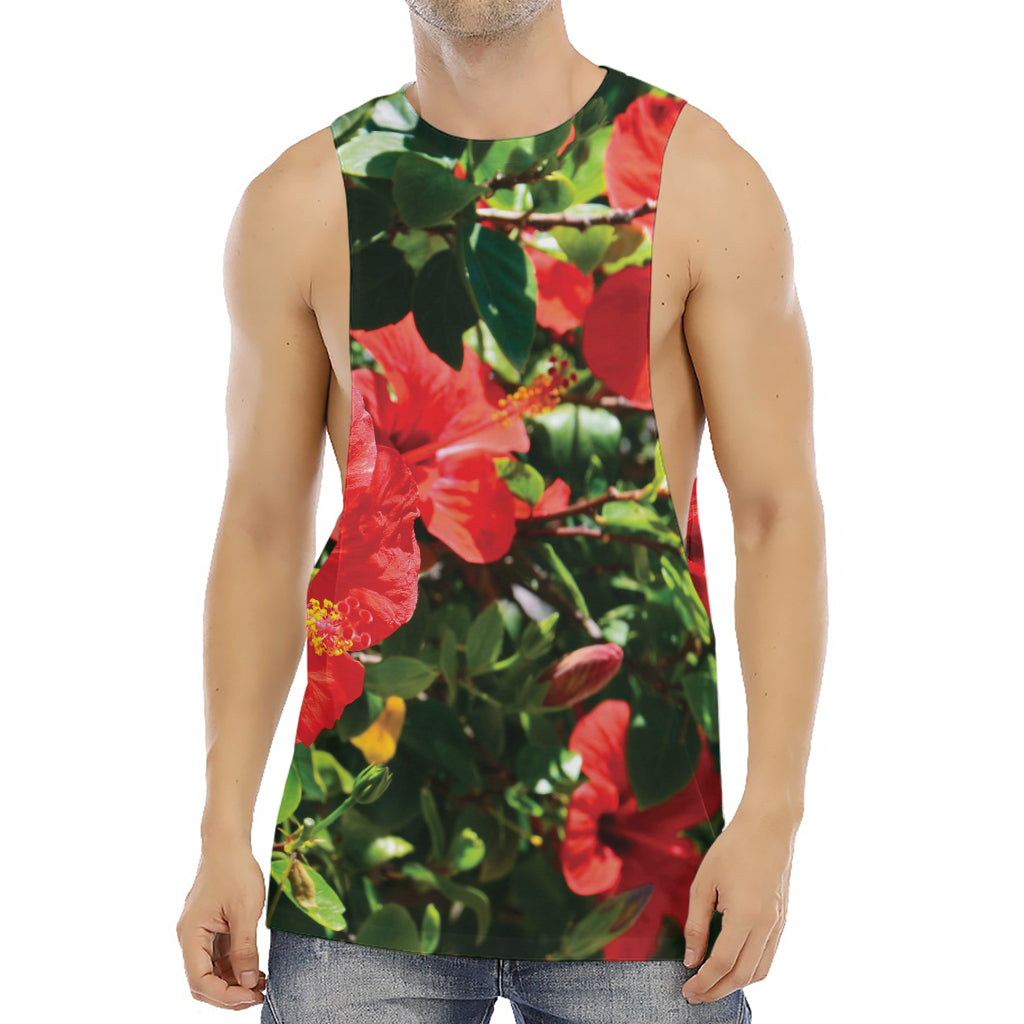 Red Hibiscus Flowers Print Men's Muscle Tank Top