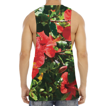 Red Hibiscus Flowers Print Men's Muscle Tank Top