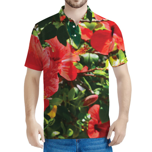 Red Hibiscus Flowers Print Men's Polo Shirt