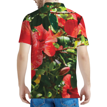 Red Hibiscus Flowers Print Men's Polo Shirt