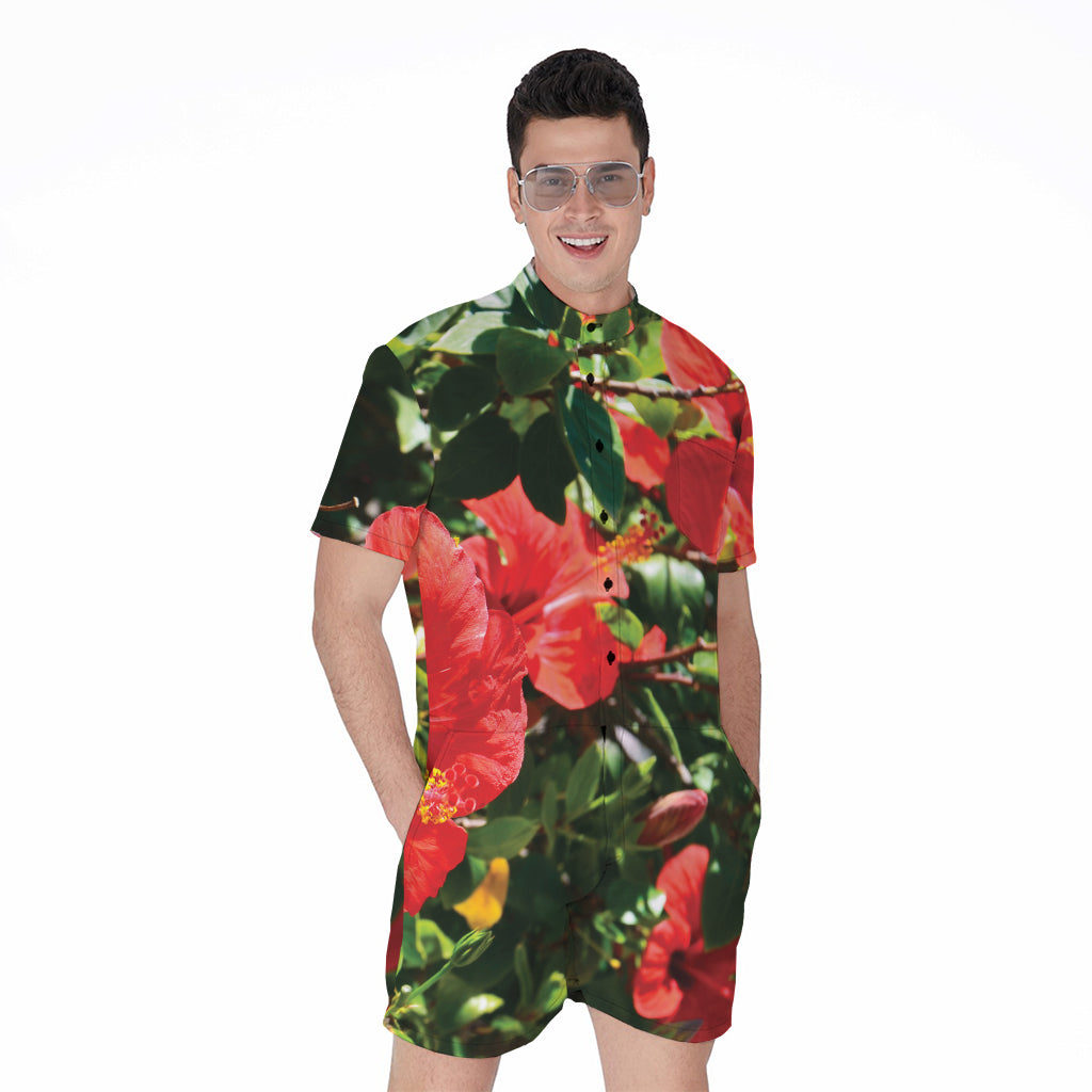 Red Hibiscus Flowers Print Men's Rompers