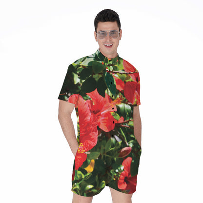 Red Hibiscus Flowers Print Men's Rompers