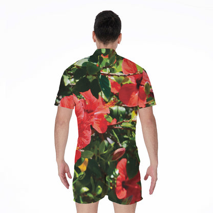 Red Hibiscus Flowers Print Men's Rompers