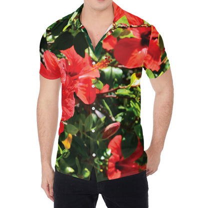 Red Hibiscus Flowers Print Men's Shirt