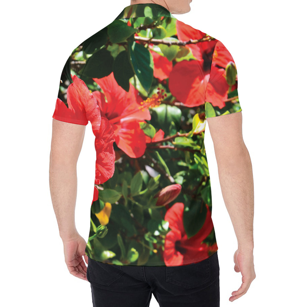 Red Hibiscus Flowers Print Men's Shirt