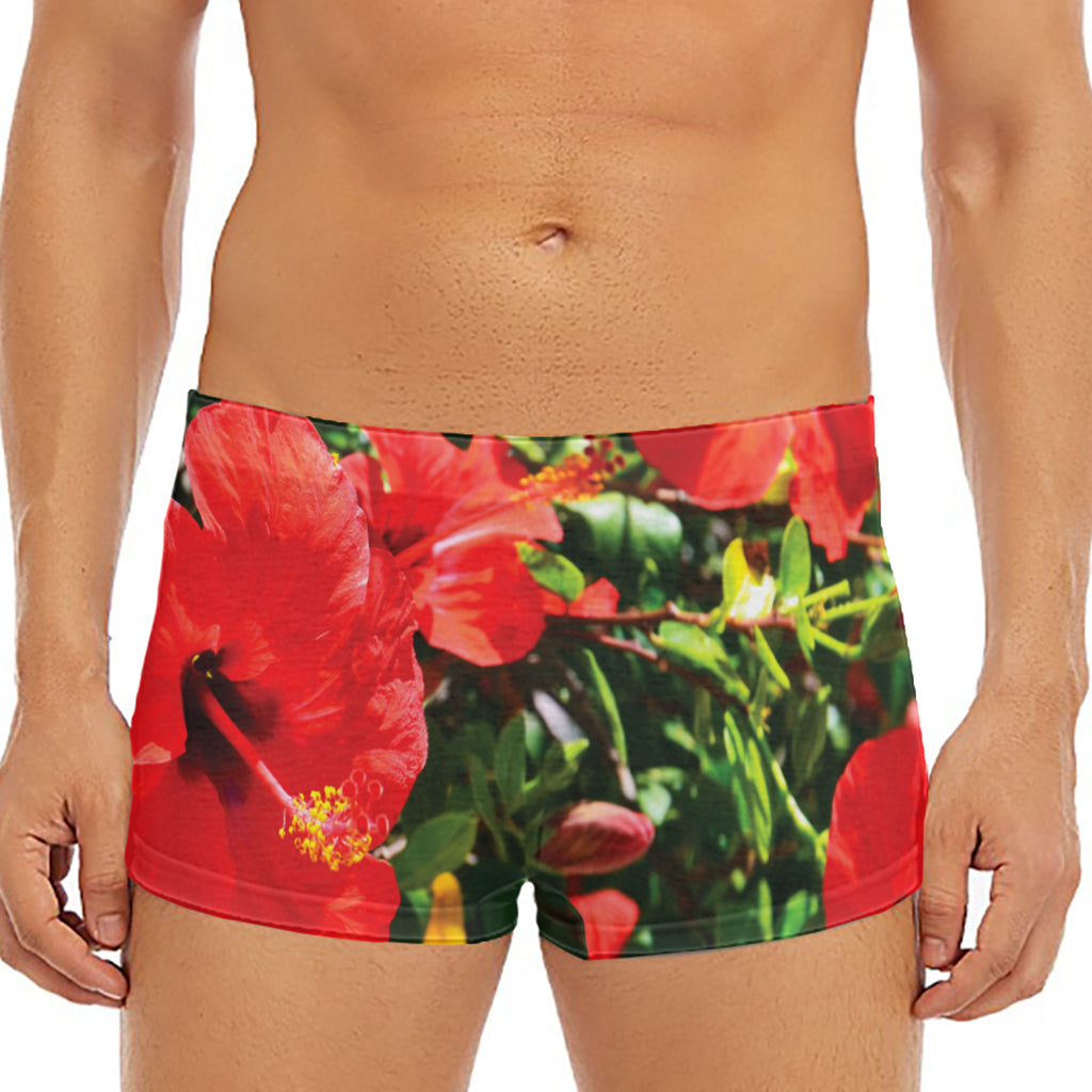 Red Hibiscus Flowers Print Men's Short Boxer Briefs