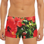 Red Hibiscus Flowers Print Men's Short Boxer Briefs