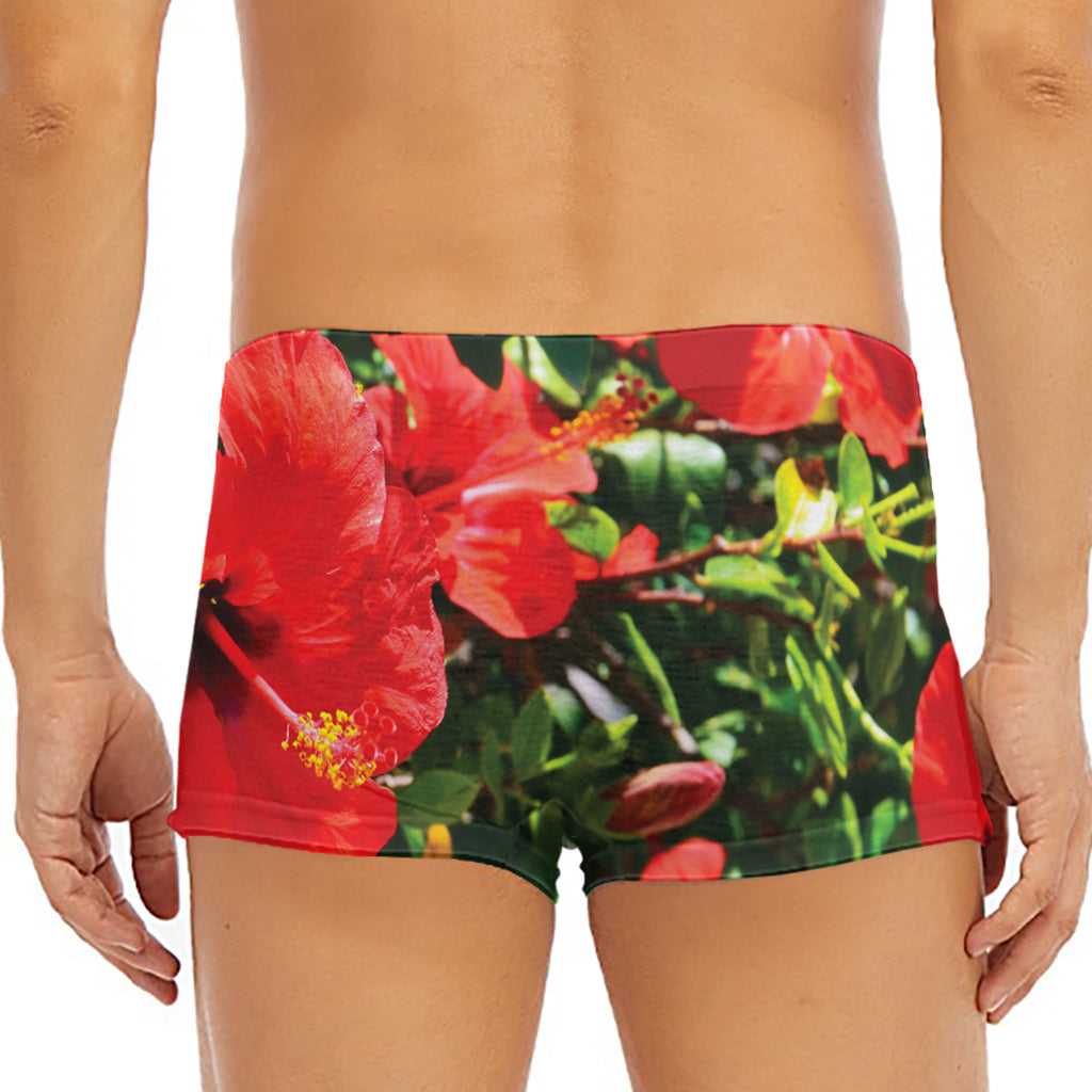 Red Hibiscus Flowers Print Men's Short Boxer Briefs