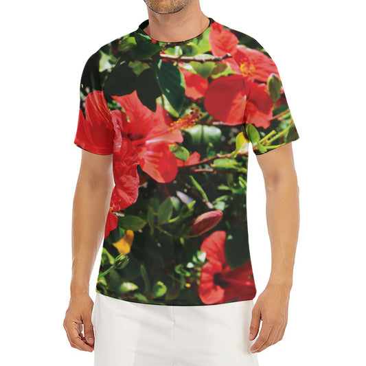 Red Hibiscus Flowers Print Men's Short Sleeve Rash Guard
