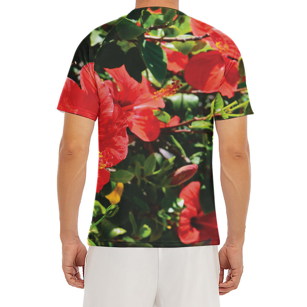 Red Hibiscus Flowers Print Men's Short Sleeve Rash Guard