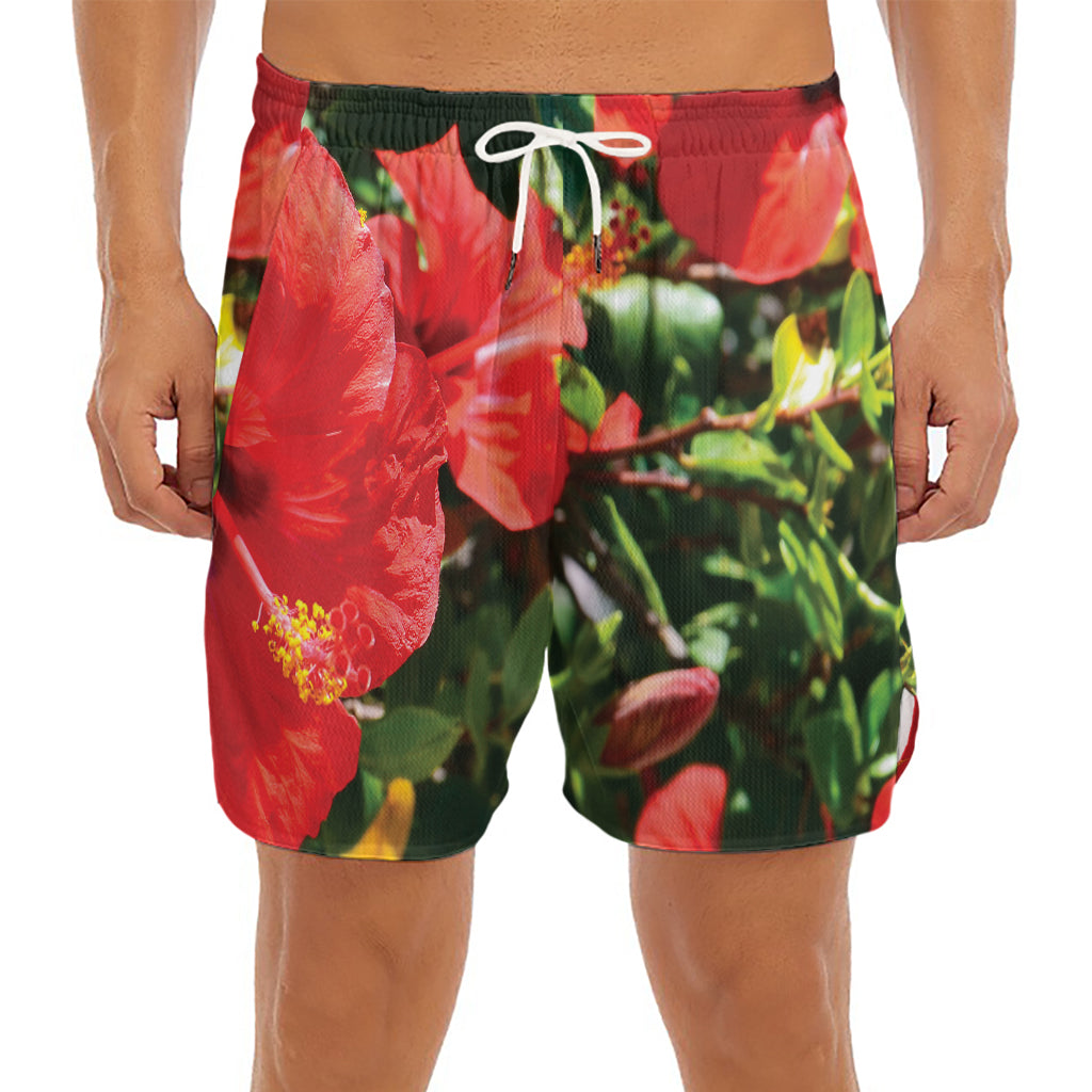 Red Hibiscus Flowers Print Men's Split Running Shorts