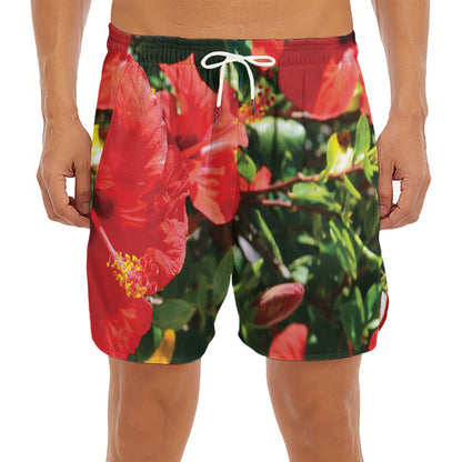 Red Hibiscus Flowers Print Men's Split Running Shorts
