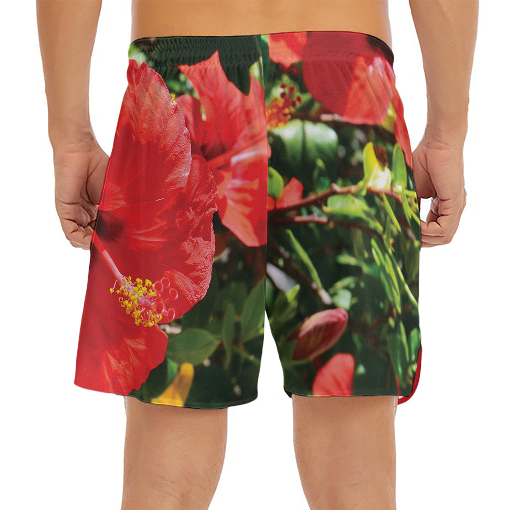 Red Hibiscus Flowers Print Men's Split Running Shorts