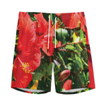Red Hibiscus Flowers Print Men's Sports Shorts