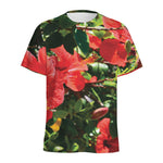 Red Hibiscus Flowers Print Men's Sports T-Shirt