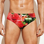 Red Hibiscus Flowers Print Men's Swim Briefs