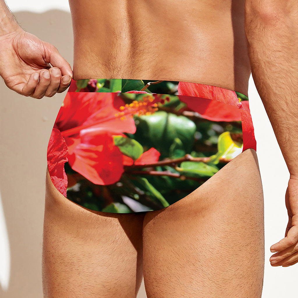 Red Hibiscus Flowers Print Men's Swim Briefs