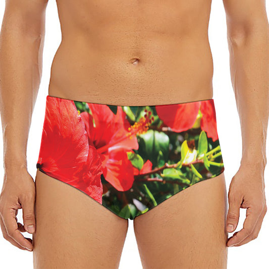 Red Hibiscus Flowers Print Men's Triangle Swim Briefs