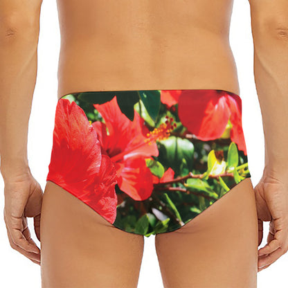 Red Hibiscus Flowers Print Men's Triangle Swim Briefs