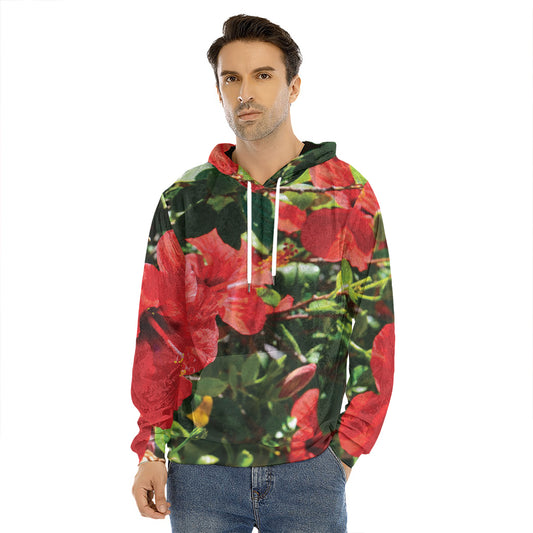 Red Hibiscus Flowers Print Men's Velvet Pullover Hoodie