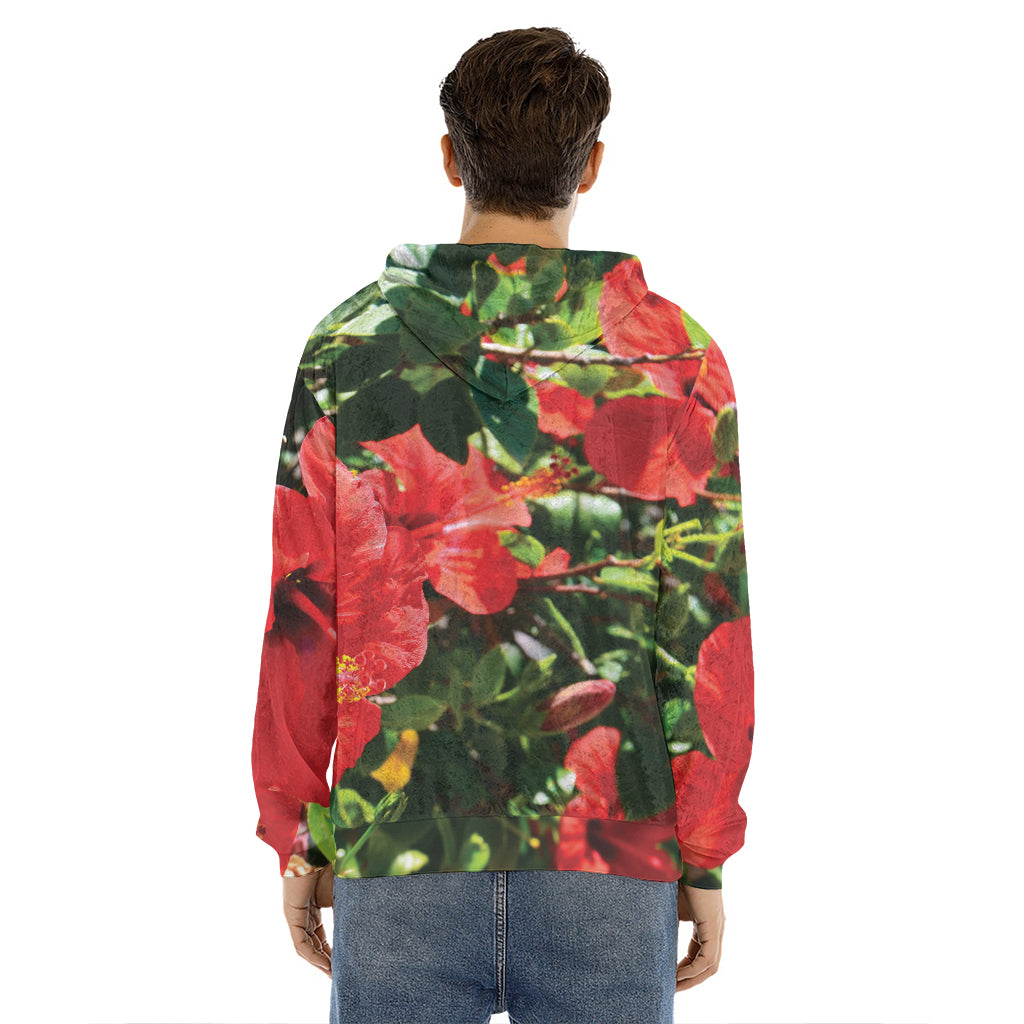 Red Hibiscus Flowers Print Men's Velvet Pullover Hoodie