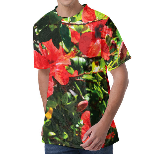 Red Hibiscus Flowers Print Men's Velvet T-Shirt