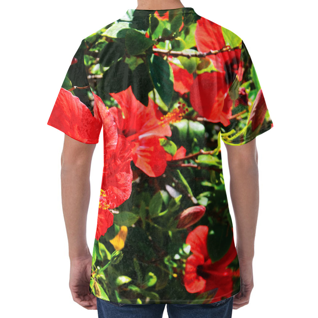 Red Hibiscus Flowers Print Men's Velvet T-Shirt