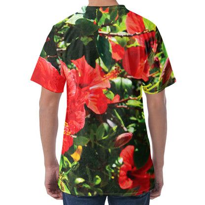 Red Hibiscus Flowers Print Men's Velvet T-Shirt
