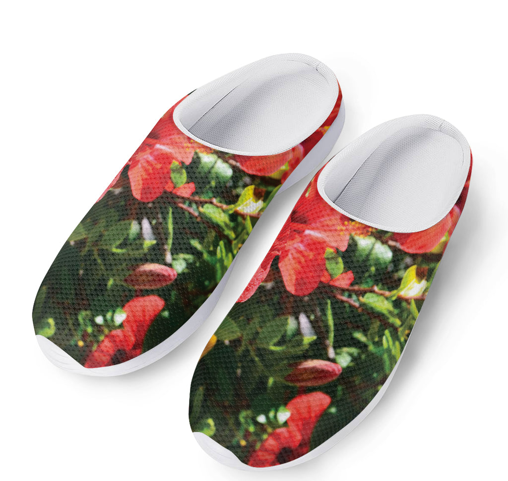 Red Hibiscus Flowers Print Mesh Casual Shoes