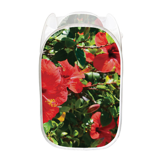 Red Hibiscus Flowers Print Mesh Laundry Hamper