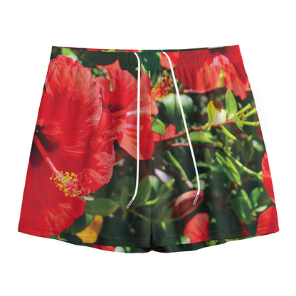 Red Hibiscus Flowers Print Mesh Shorts